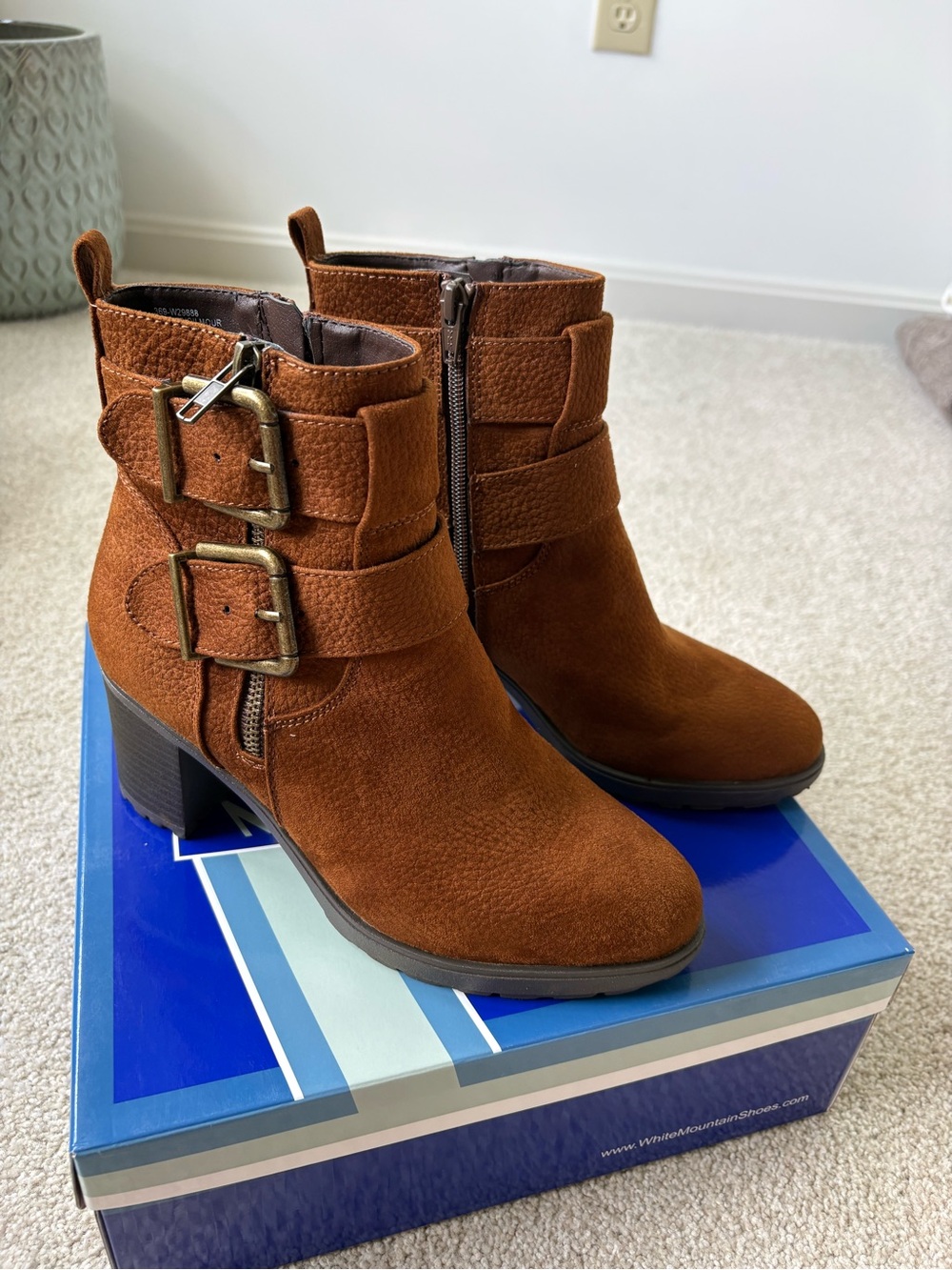 White Mountain Tan Suede Buckled Ankle Boots